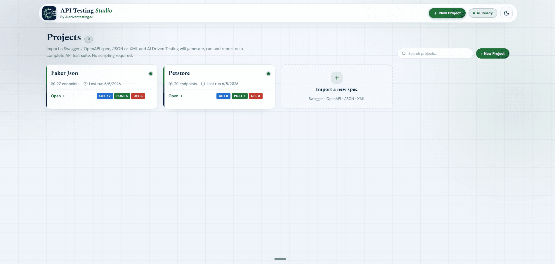 API Testing Studio dashboard