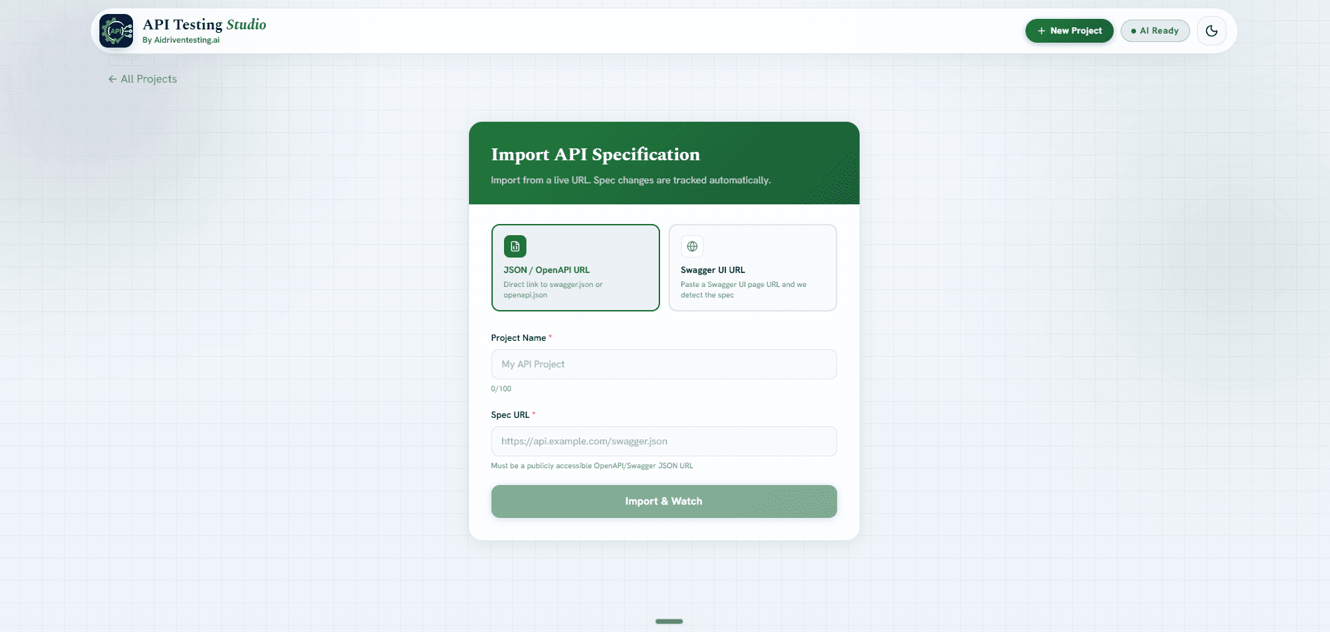 Import API Specification form