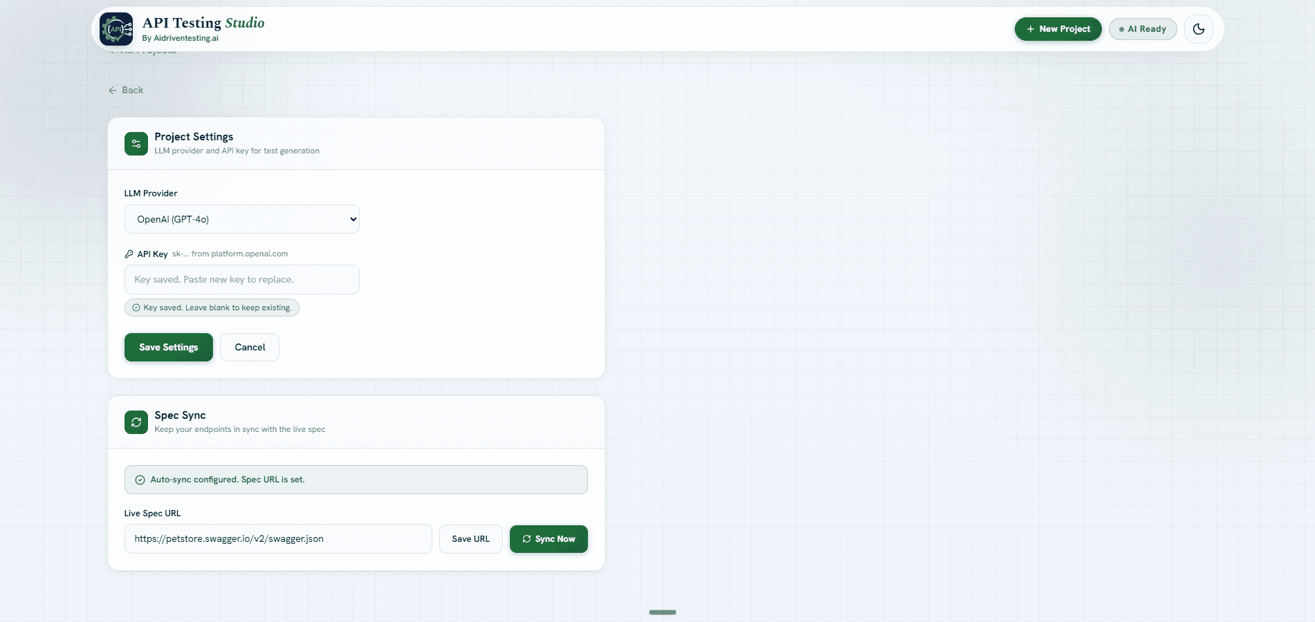 Project Settings with LLM provider and Spec Sync configuration
