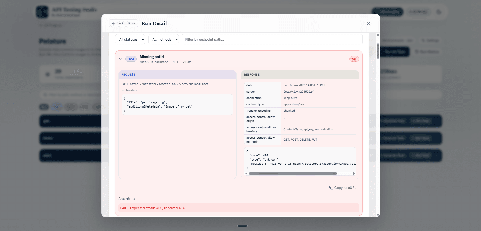 Assertion detail showing request and response side by side