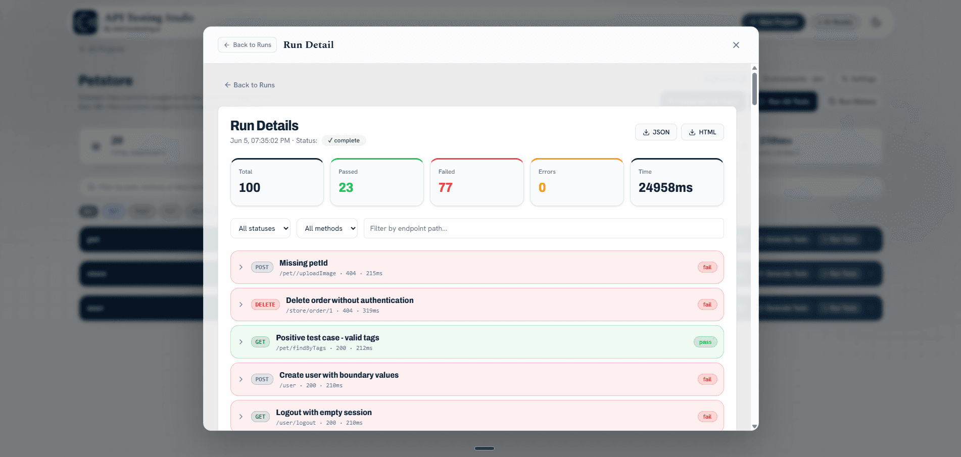 Test Run Detail showing pass, fail and timing summary