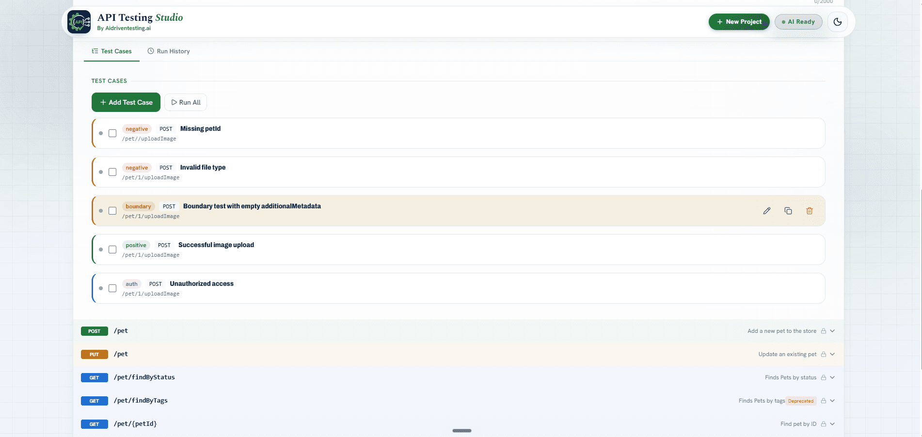 API test cases and results