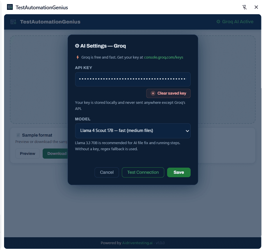 Groq AI settings panel in TestAutomationGenius