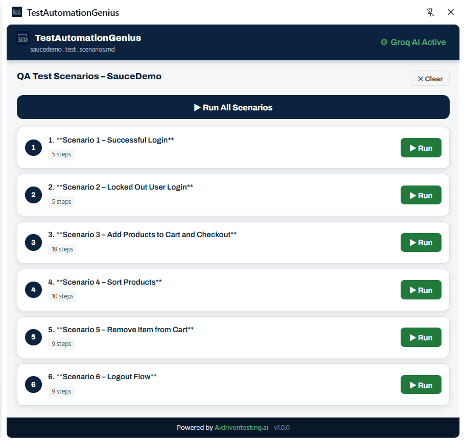 TestAutomationGenius scenario list