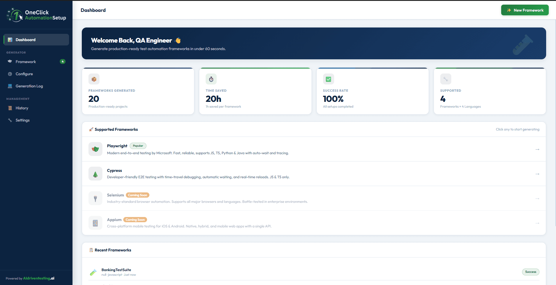 OneClick AutomationSetup dashboard
