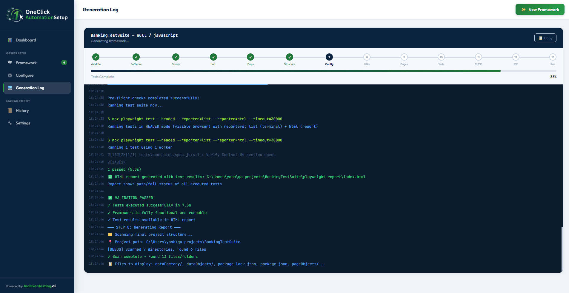 Generation Log screen