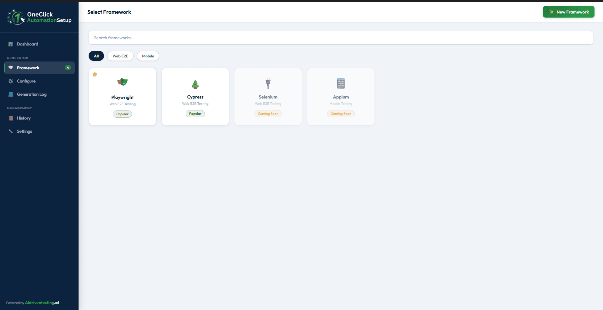 Select Framework screen