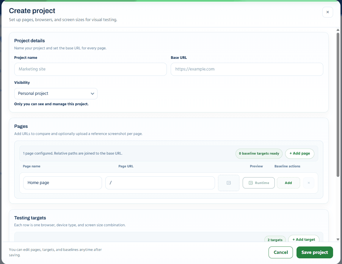 Create project dialog with pages and testing targets