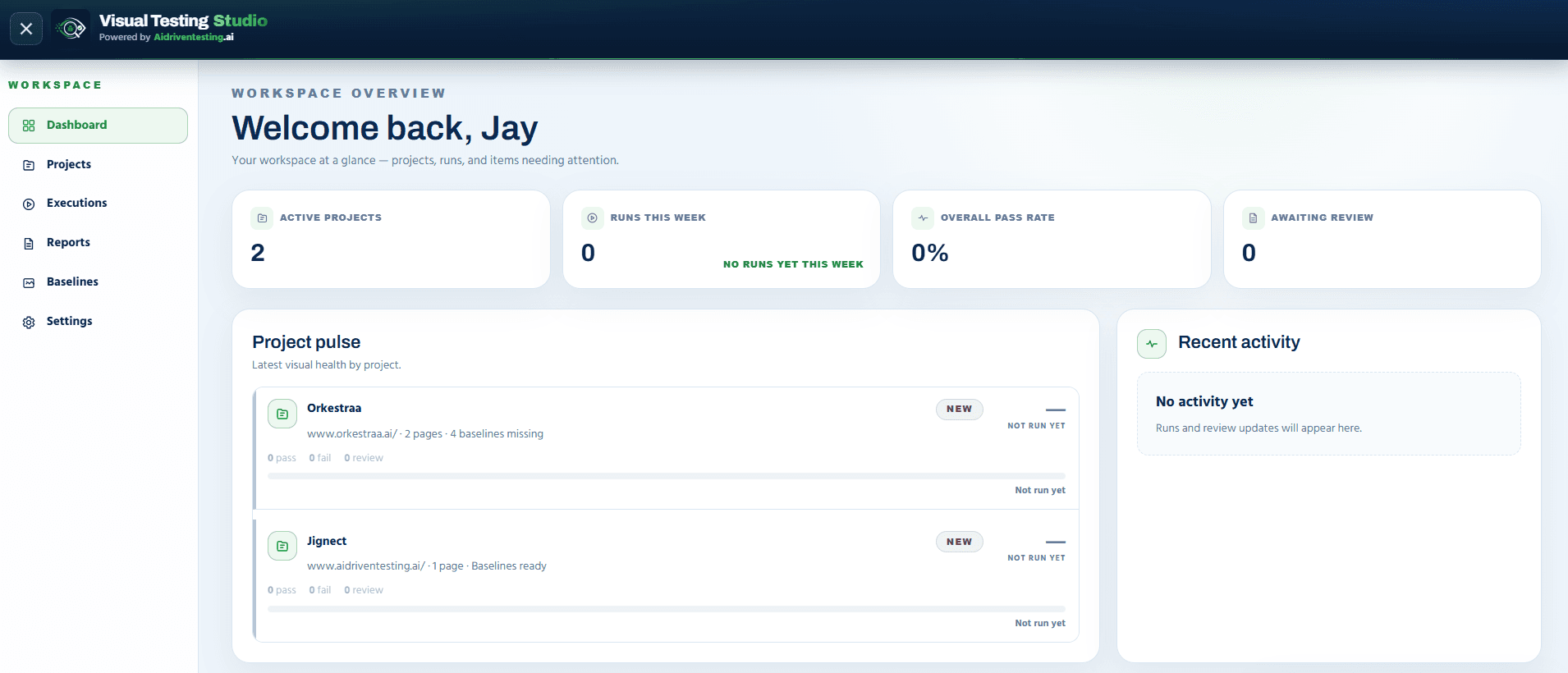 Visual Testing Studio workspace dashboard