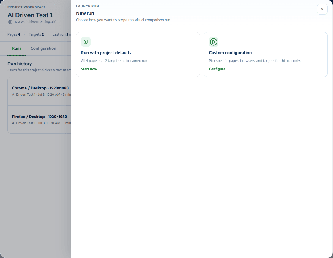 Launch run options: project defaults or custom configuration
