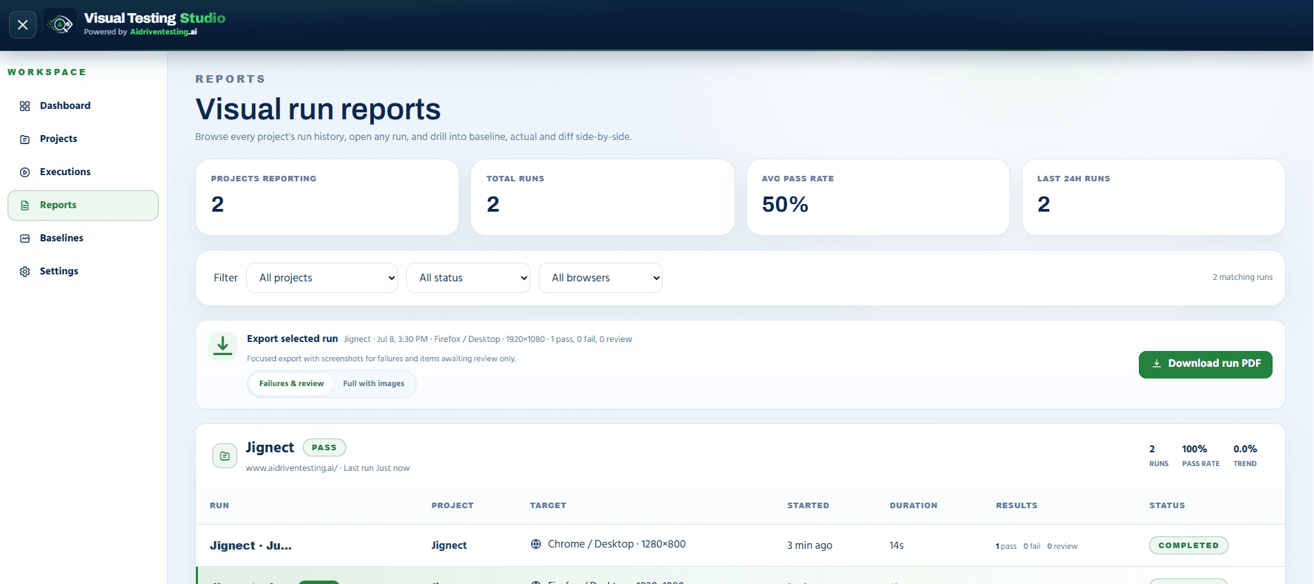 Visual run reports with filters and PDF export