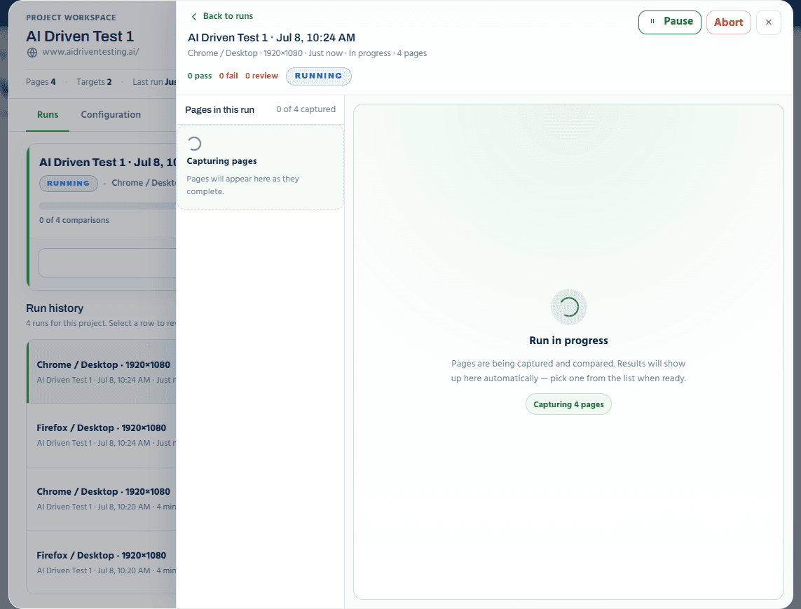 Run in progress with live page capture status